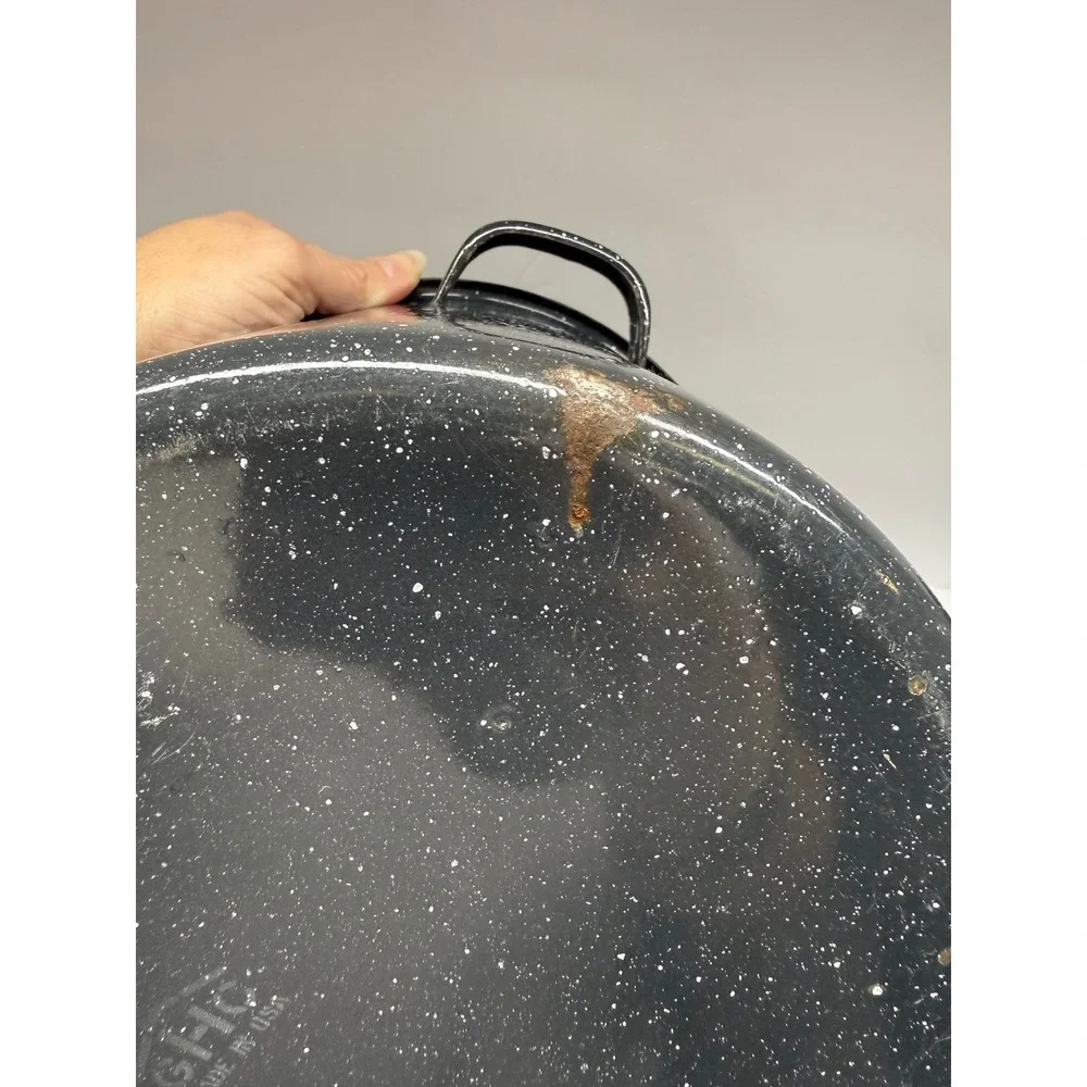 Vintage Granite Ware Steamer Pot Set Black Speckled Enamel Stockpot with Lid
